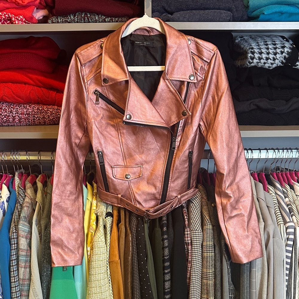 Romeo & Juliet Couture metallic pinkish coral 3 pocket moto jacket size XS